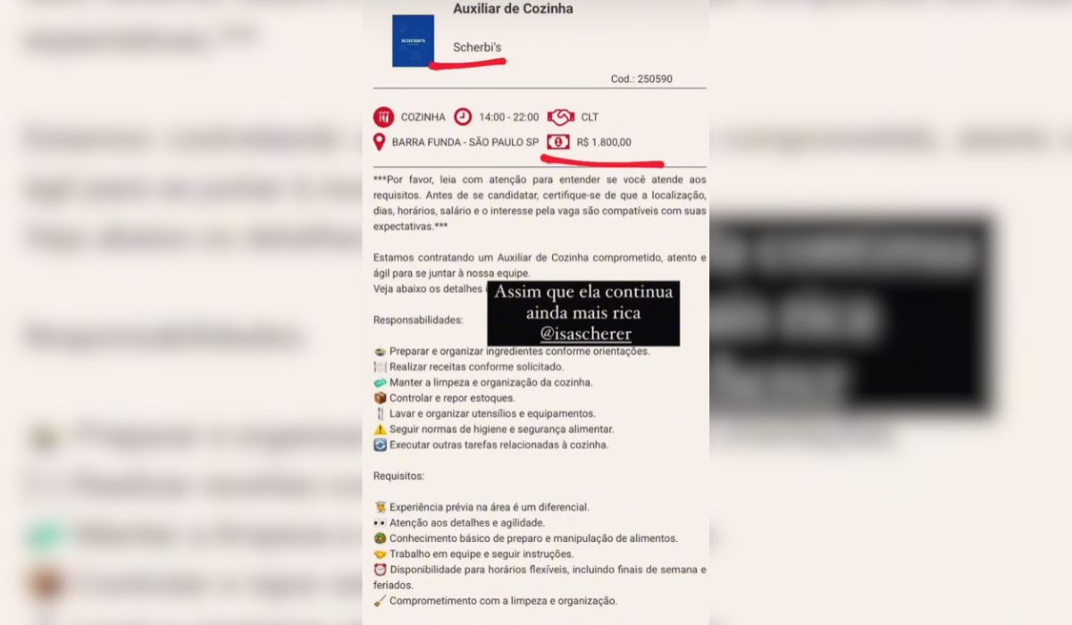 Vaga de emprego para auxiliar de cozinha na doceria de Isa Scherer