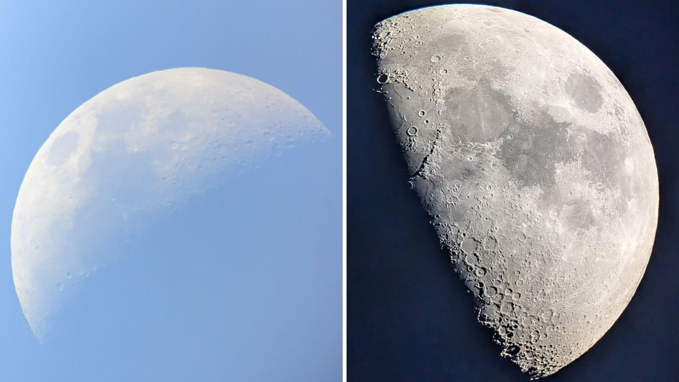 Um telescópio iniciante de 60 mm já consegue revelar crateras na Lua (à esquerda), enquanto um telescópio maior, de 25 cm, revelará ainda mais detalhes (à direita) — Foto: BBC News fonte
