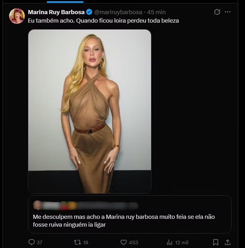 Marina Ruy Barbosa responde após ser chamada de feia por internauta — Foto: Reprodução/X