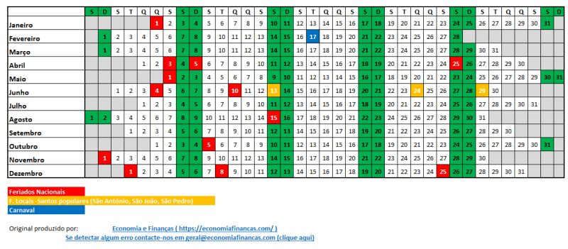 Calendário para 2026 Portugal em excel