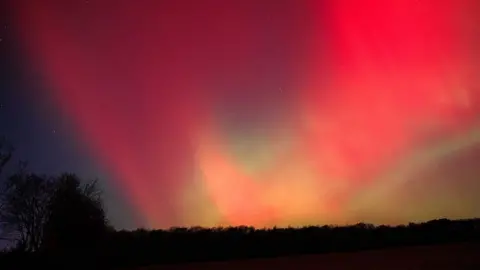 Getty Images A aurora boreal brilha acima da zona rural do condado de Monroe enquanto uma forte tempestade geomagnética da atividade solar recente empurra a aurora boreal incomumente para o sul em 12 de novembro de 2025, em Bloomington, Indiana. Exibições foram relatadas em todos os Estados Unidos, no extremo sul do Texas, Alabama, Geórgia e norte da Flórida. 