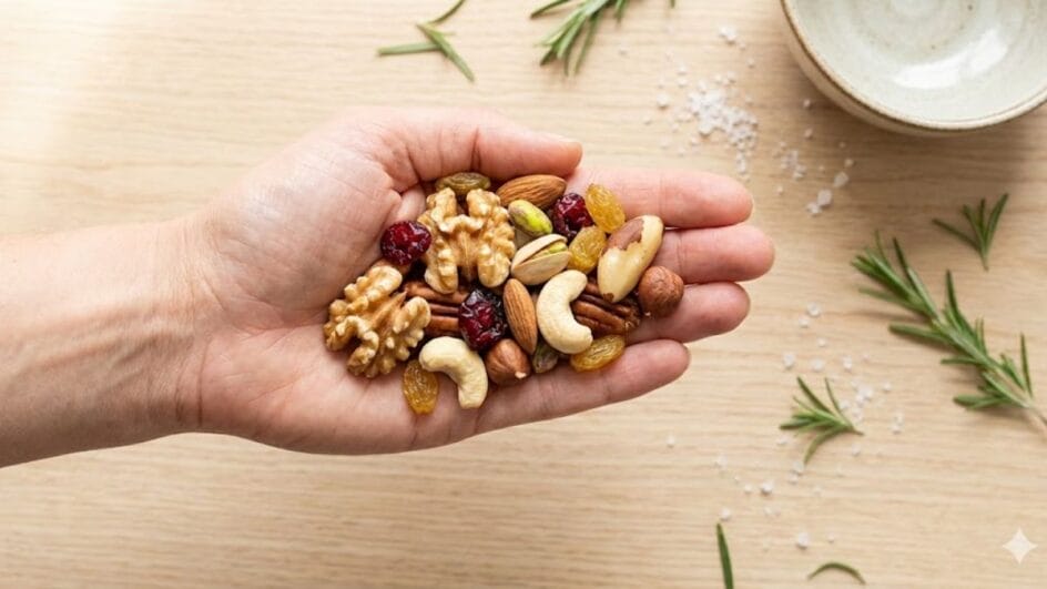 Uma foto flat lay (visto de cima) mostrando uma mão humana segurando um "mix" colorido de nozes, amêndoas e castanhas, com um fundo luminoso (branco ou madeira clara) para evocar saúde e naturalidade.