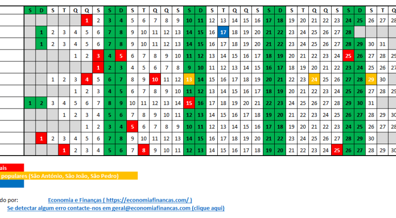 Calendário para 2026 Portugal em excel