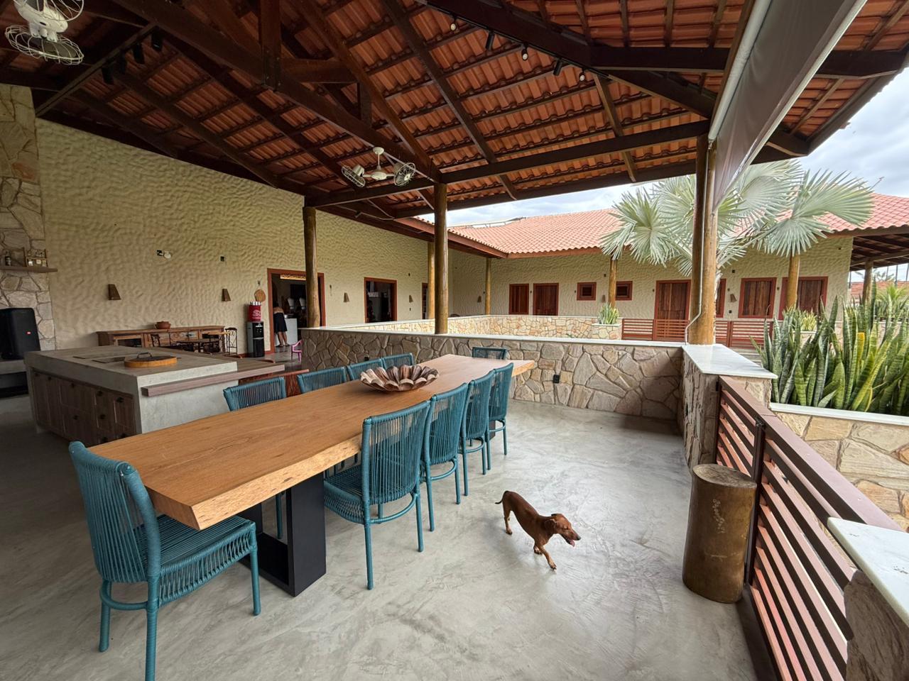 Na imagem, uma varanda gourmet ampla e rústica sob um telhado de telhas de barro com estrutura de madeira aparente. No centro, destaca-se uma mesa longa de madeira maciça acompanhada por cadeiras de corda náutica azul-petróleo. Um pequeno cachorro de pelagem marrom caminha pelo piso de cimento queimado cinza. Ao fundo, as paredes têm textura clara e detalhes em pedra natural, com portas de madeira que levam ao interior da casa. Na lateral esquerda, há uma bancada de cozinha em concreto e, ao fundo, um pátio externo com palmeiras sob um céu nublado.
