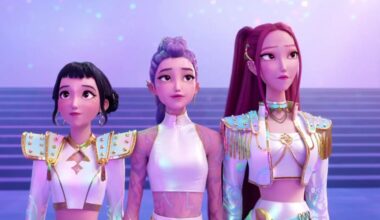 Guerreiras do K-Pop: cena do filme em que as HUNTR/X cantam "What Sounds Like"