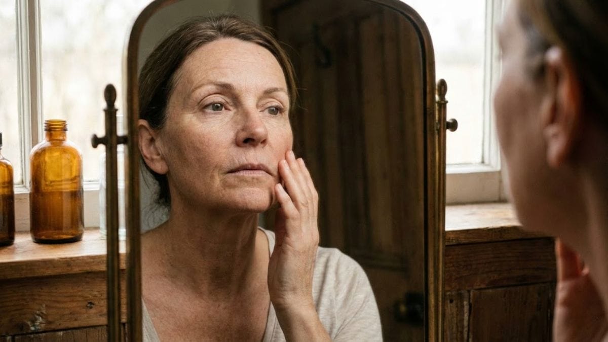 Mulher de aprox. 50 anos tocando o rosto em frente ao espelho com expressão analítica (não triste, mas atenta), com um leve filtro destacando a textura da pele.