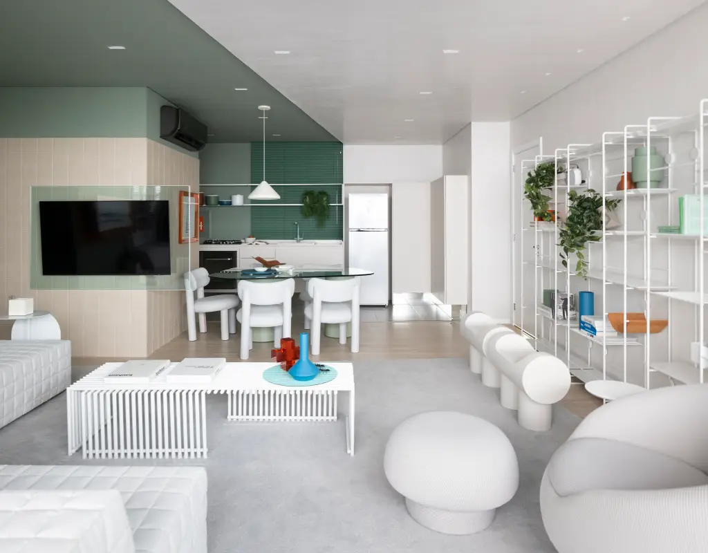 Apartamento moderno traz tons de verde e móveis com linhas orgânicas. Projeto de Bohrer Arquitetos.