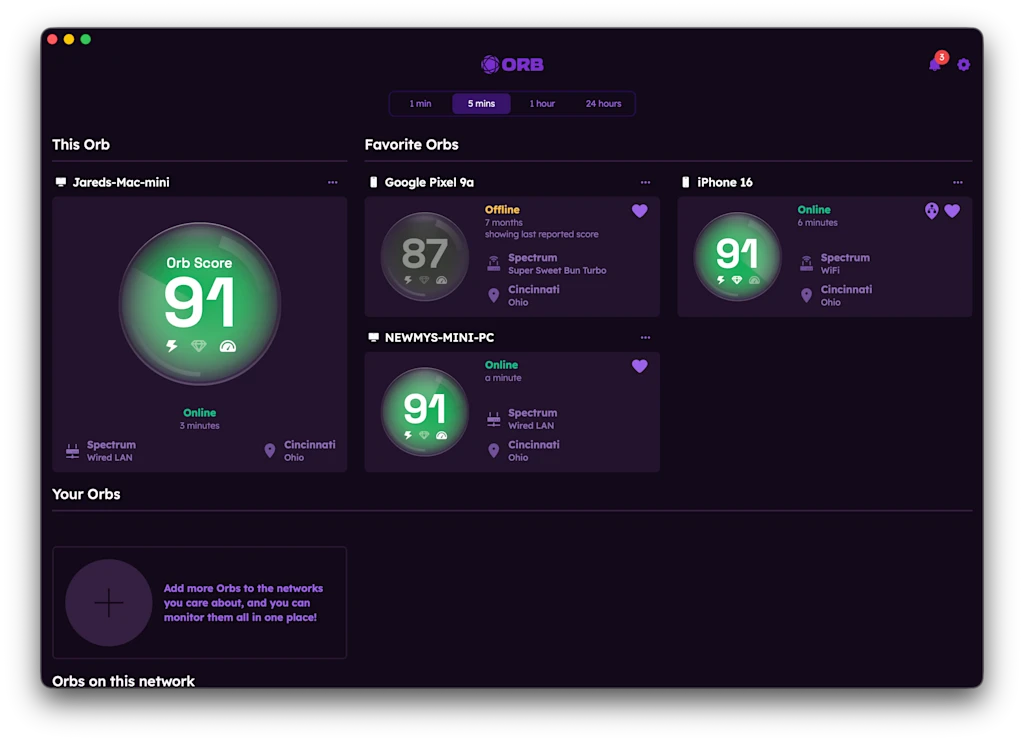 tela do aplicativo Orb, para medição da velocidade da conexão à internet