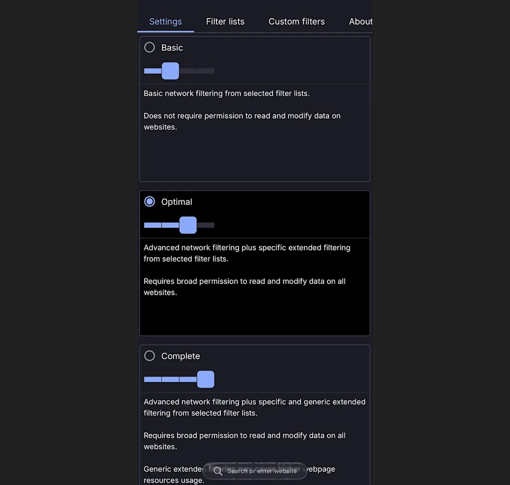 tela do aplicativo de segurança uBlock Origin Lite