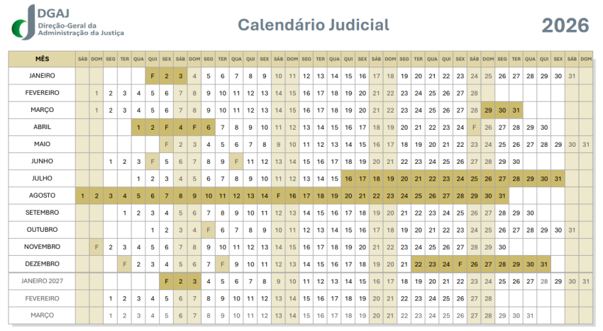 Calendário judicial para 2026