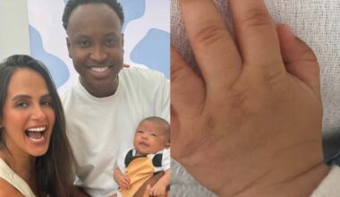 Carol Peixinho mostra a mão do filho