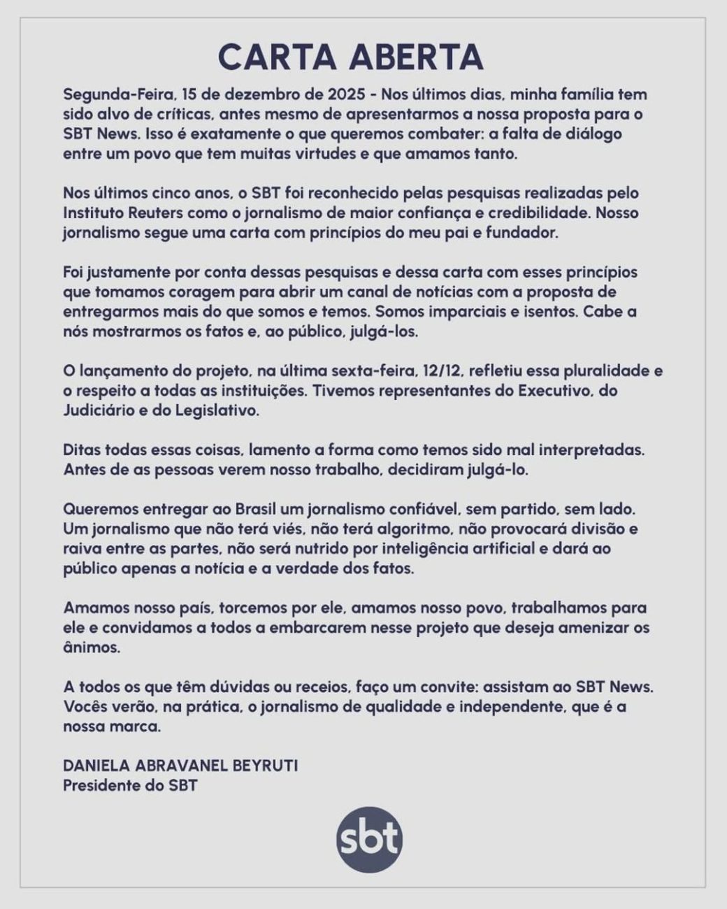 Carta aberta do SBT sobre as críticas à emissoraFoto: Reprodução/ND Mais
