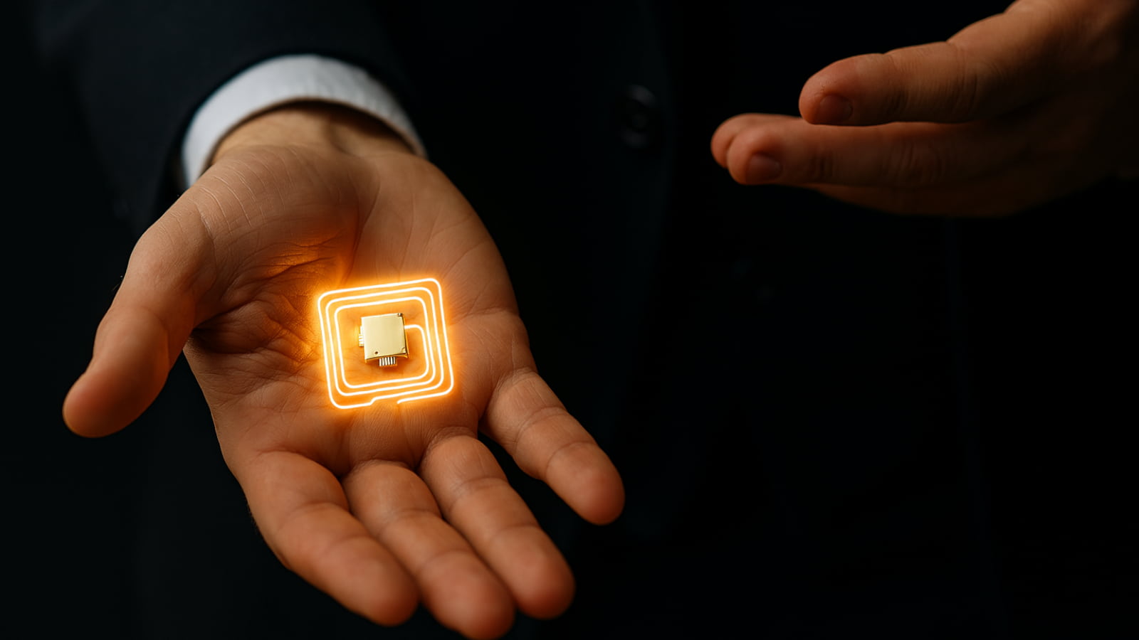 Chip RFID numa mão a brilhar