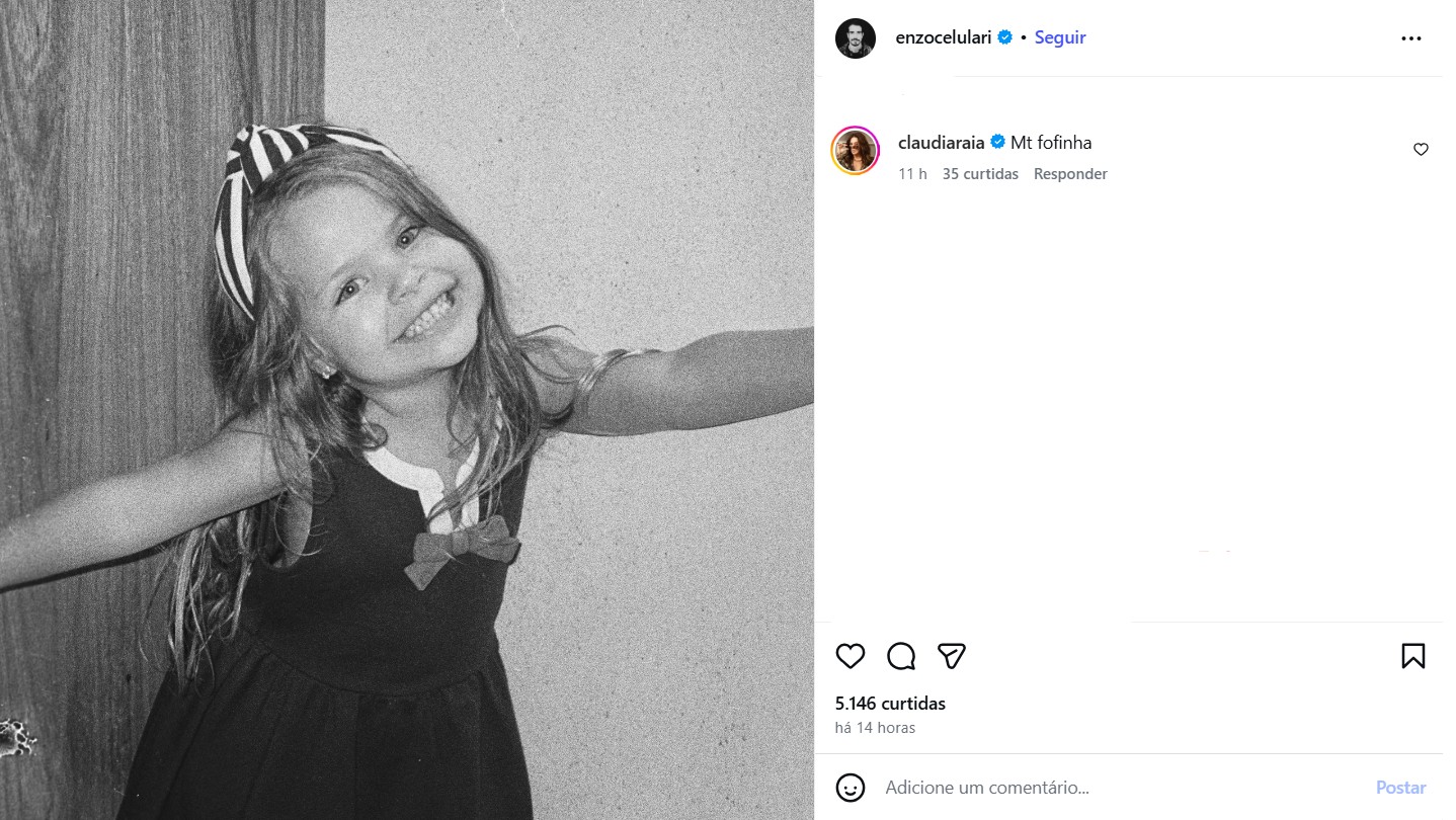 Claudia Raia deixa comentário fofo em foto da filha caçula de Edson Celulari, seu ex-marido - Foto: Reprodução / Instagram @enzocelulari
