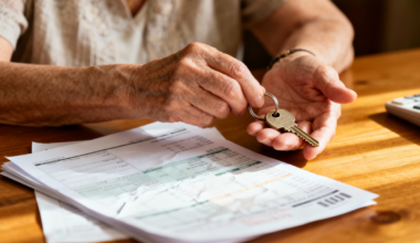 Idosa com chaves de casa e contrato para vender. Crédito: Freepik AI