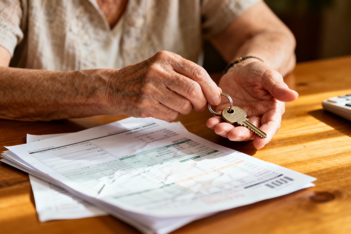 Idosa com chaves de casa e contrato para vender. Crédito: Freepik AI