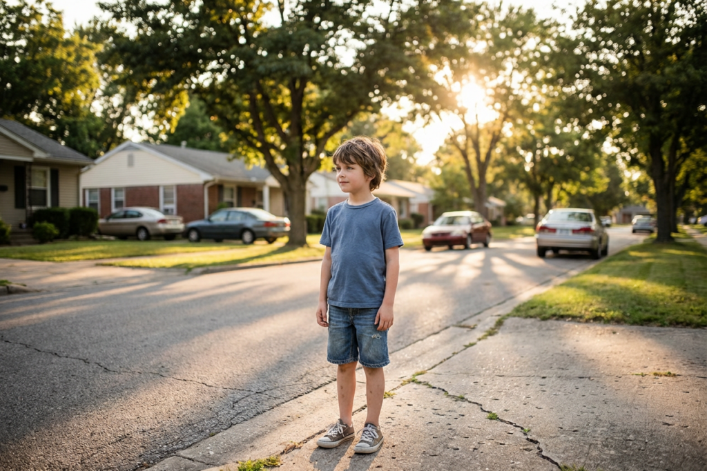 Criança na rua do seu bairro. Crédito: Freepik AI