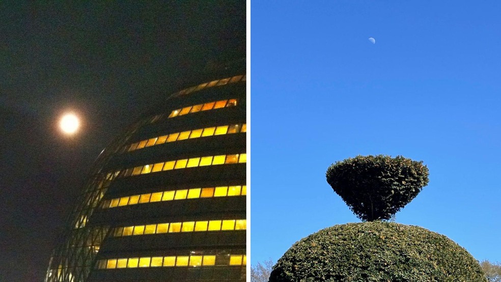 Se deixado nas configurações automáticas, o celular costuma superexpor a Lua à noite; tirar a foto durante o dia ajuda, mas a Lua ainda pode parecer minúscula — Foto: BBC News fonte