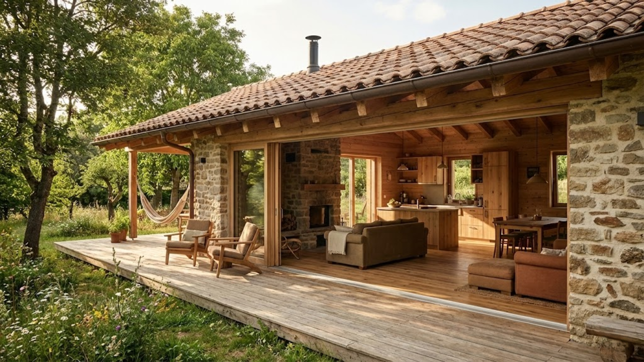 Este projeto de 65 metros quadrados parece uma mansão, tem lareira de pedra e ilha central para começar 2026 com conforto e uma beleza de arrepiar