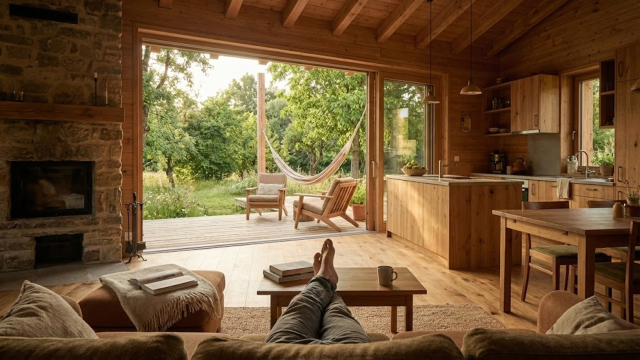 Projeto compacto de 65 m² reúne lareira de pedra, ilha central e design sofisticado