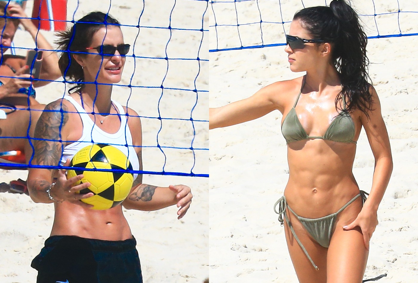 Jade Picon e Bárbara Labres colocam tanquinhos para jogo em dia de futevôlei na Barra da Tijuca