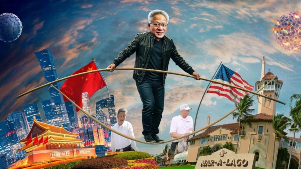 Jensen Haung, diretor-executivo da NVIDIA, entre as bandeiras da China e dos EUA