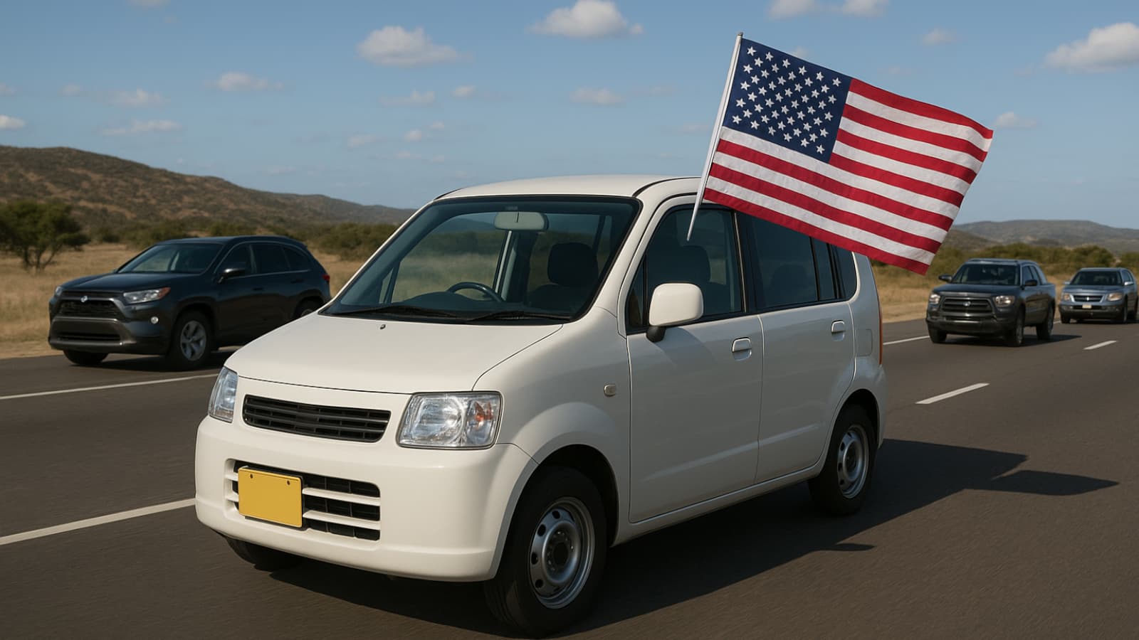 Kei car numa estrada com a bandeira dos EUA
