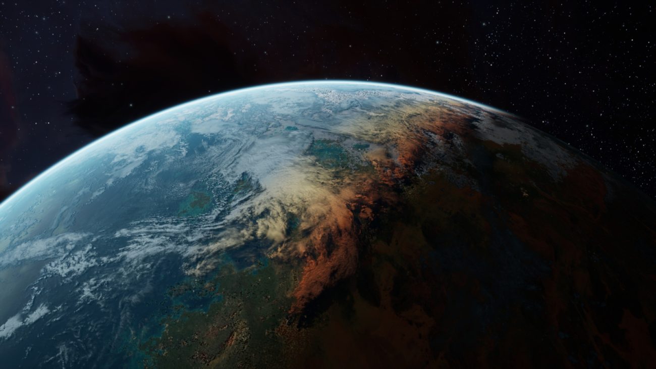 Imagem do planeta Terra vista do espaço, destacando as vastas águas do maior oceano do mundo, o Oceano Pacífico, com céu estrelado ao fundo.