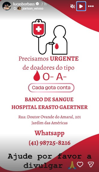 Print de Story de Lucas Borbas sobre campanha de doação de sangue