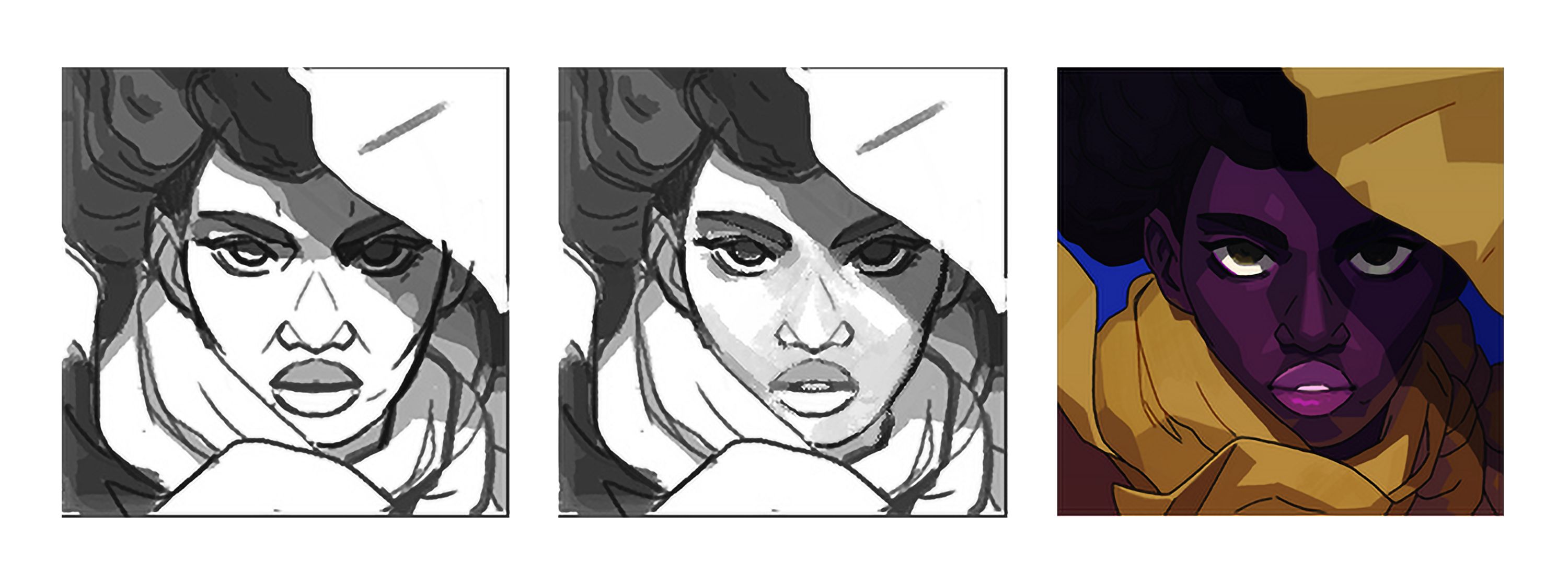 Três versões de uma mesma ilustração em close de um rosto. Nos dois primeiros quadros, o desenho aparece em preto e branco, com traços fortes e áreas sombreadas. No terceiro, a versão colorida mostra uma pessoa de pele em tom roxo profundo, olhos claros e expressão séria, envolta por um tecido amarelo, sobre fundo azul.