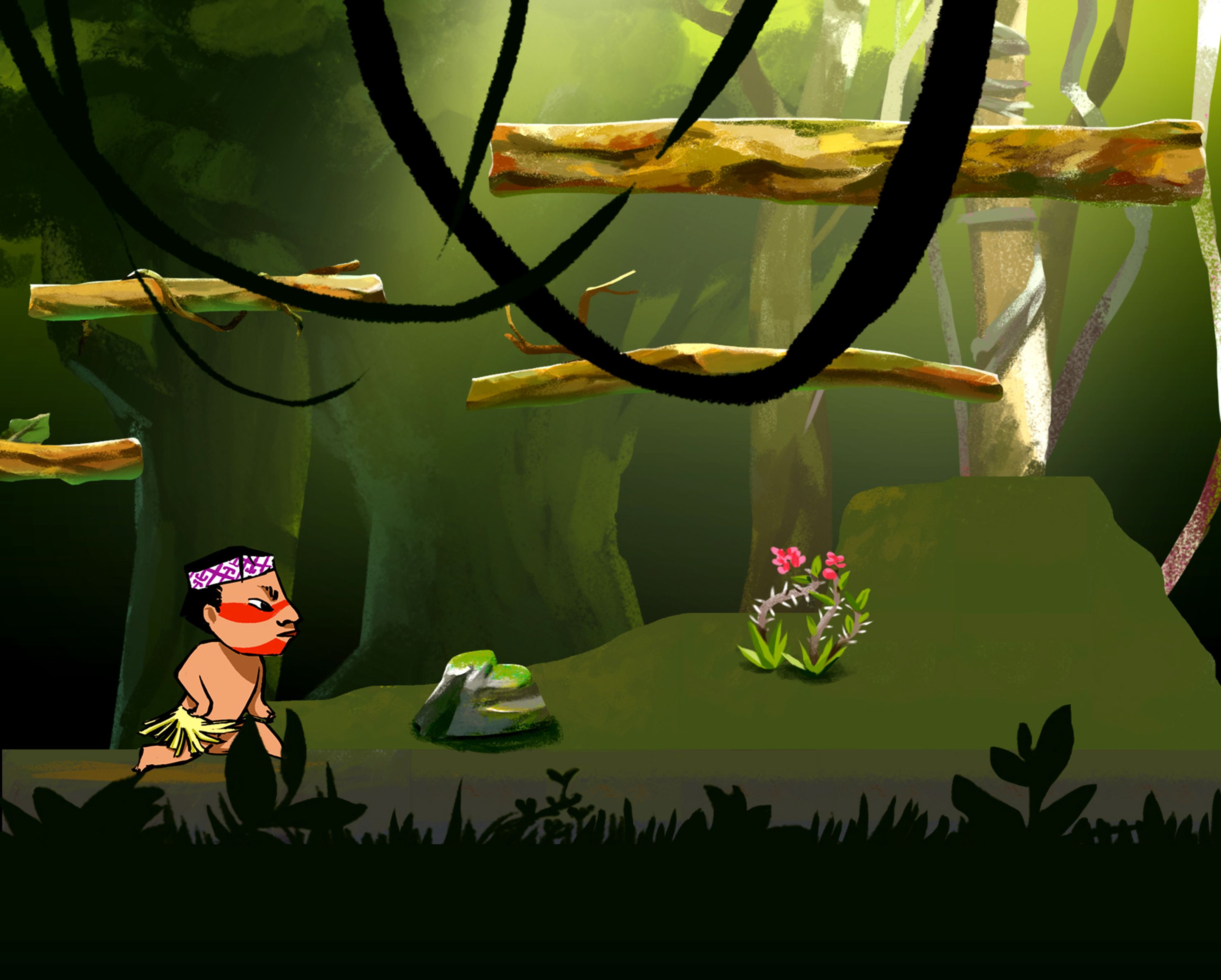 Imagem de uma floresta densa, com luz verde filtrada entre as árvores. À esquerda, há um personagem de estilo cartunesco, usando saia de palha e faixa colorida na cabeça. Ele caminha sobre o solo escuro. Ao centro, há um arbusto com flores rosas e um pequeno rochedo. Galhos grossos pendem do alto, e plataformas de troncos ocupam a parte superior da cena.