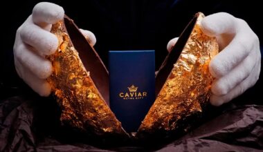 Imagem ovo de chocolate caviar com um iPhone 17 Pro Max em ouro no interior