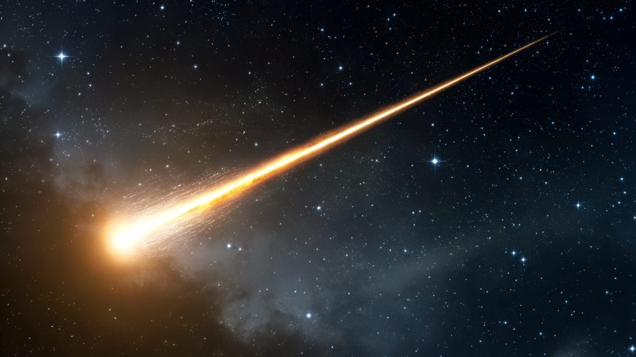 Imagem de um meteoro em movimento no espaço, representando regiões da Terra com maior risco de impacto por meteoritos.