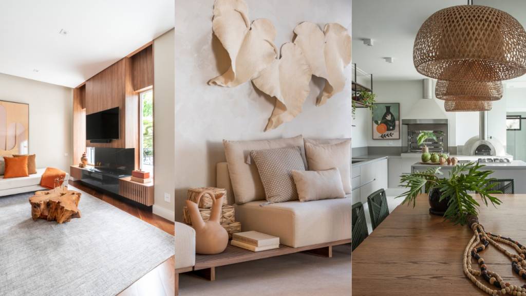 tendencias-decoracao-verao-2026 Três casas com cores neutras e quentes, remetendo a natureza