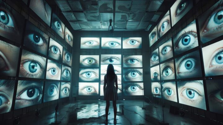 Mulher rodeada de televisões. Nas televisões, um olho