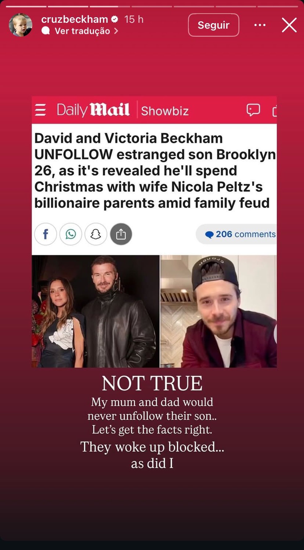 Cruz Beckham sai em defesa dos pais — Foto: Reprodução | Instagram @cruzbeckham