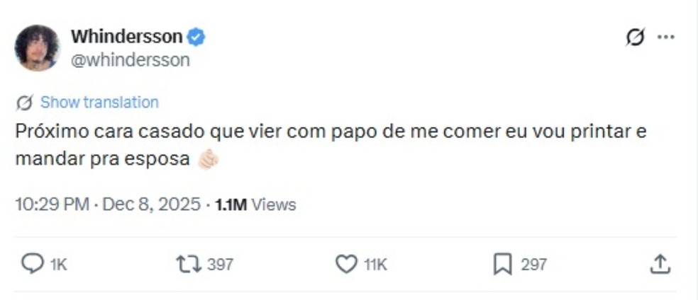 Whindersson Nunes comentou polêmica após revelar reflexão íntima em tratamento — Foto: Reprodução X