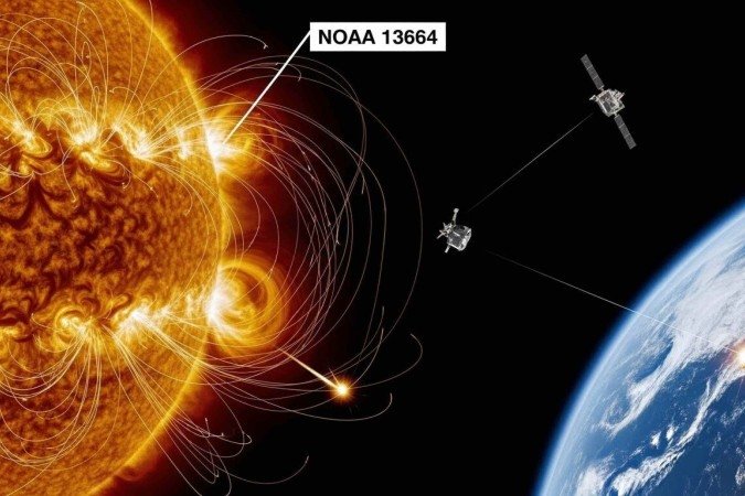 Concepção artística da NOAA 13664 na superfície solar -  (crédito: Whisk/Google IA)
