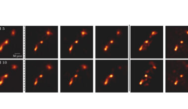 A imagem contém intensidade total de OJ 287 em 5 e 10 de abril para diferentes fluxos de trabalho de imagem.