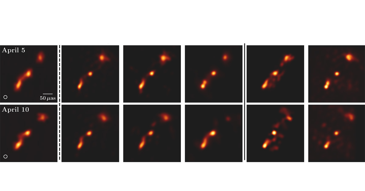 A imagem contém intensidade total de OJ 287 em 5 e 10 de abril para diferentes fluxos de trabalho de imagem.
