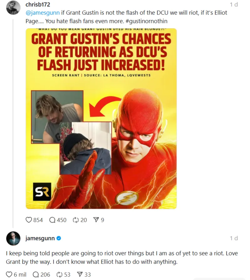 Print de resposta de James Gunn sobre o Flash no Threads