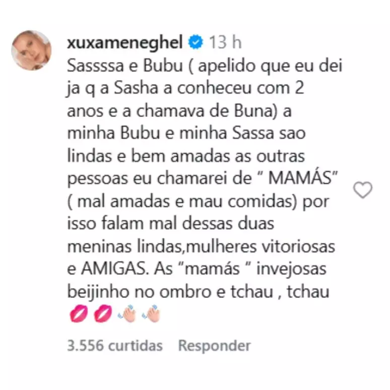 A apresentadora Xuxa Meneghel defende a amizade entre Bruna Marquezine e Sasha Meneghel