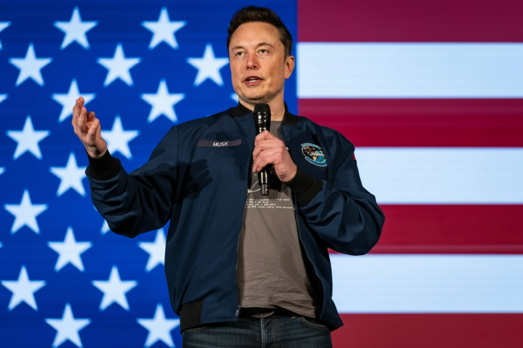 Elon Musk a discursar. Crédito: Freepik AI