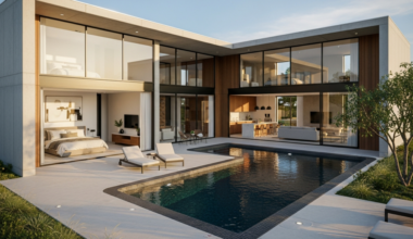 Casa ultramoderna em L com 2 quartos, piscina integrada e design elegante para famílias com renda até R$ 20 mil