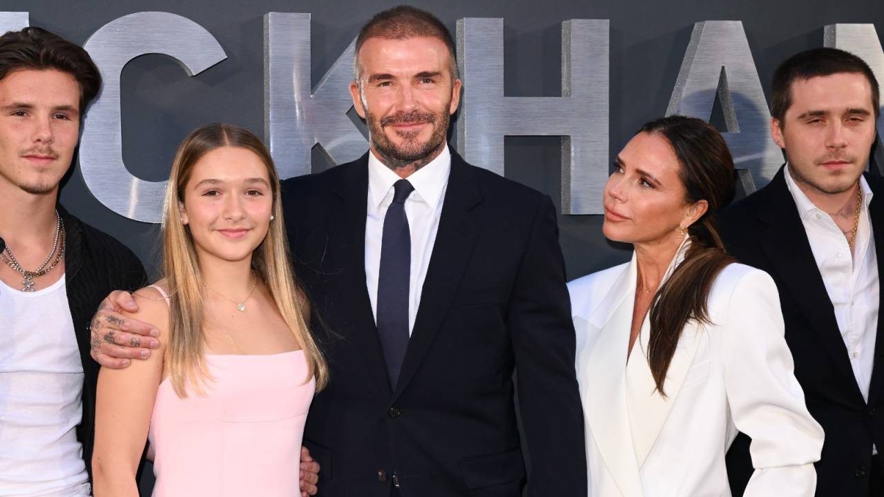 LONDON, ENGLAND - OCTOBER 03: (L-R) Harper Beckham, David Beckham and Victoria Beckham attend the Netflix 'Beckham' UK Premiere at The Curzon Mayfair on October 03, 2023 in London, England. (Photo by Karwai Tang/WireImage)