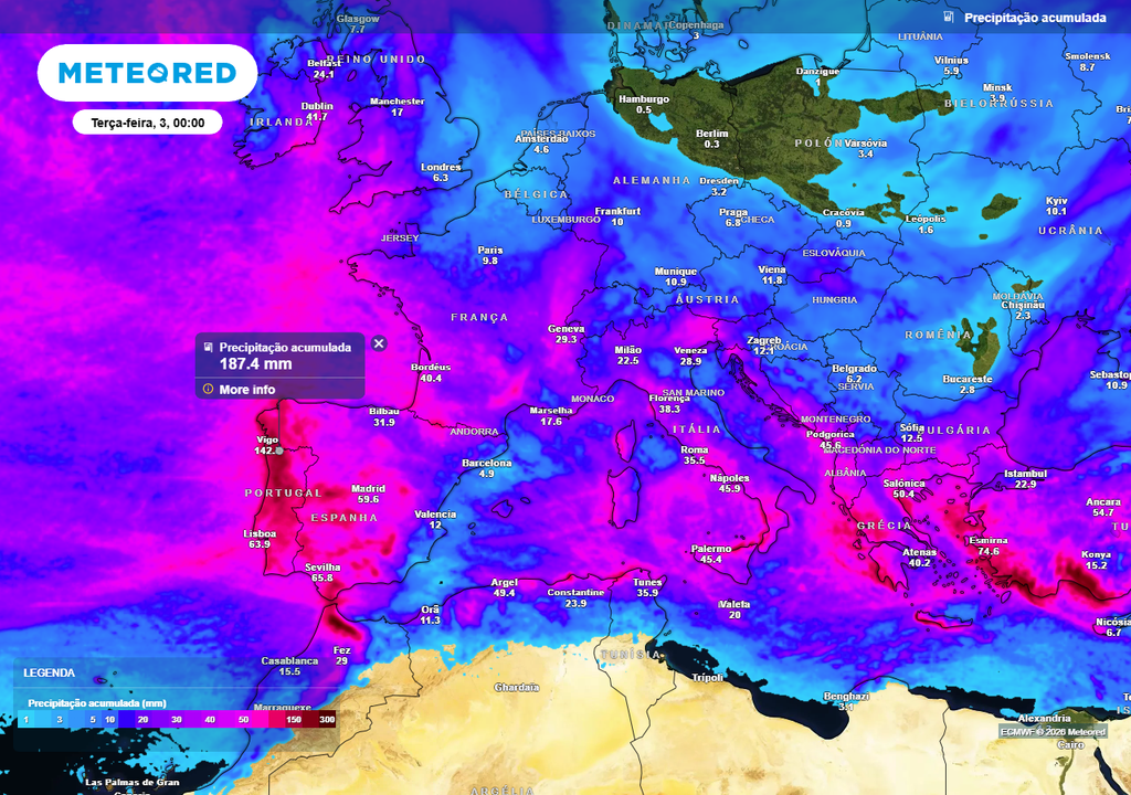Mapa de chuva acumulada até terça-feira, 3 de fevereiro. As metades ocidentais das Regiões Norte e Centro de Portugal continental, grosso modo orientadas pela Barreira de Condensação e pelo sistema montanhoso Montejunto-Estrela, estarão entre os locais mais chuvosos em terra firme do planeta nos próximos dias.