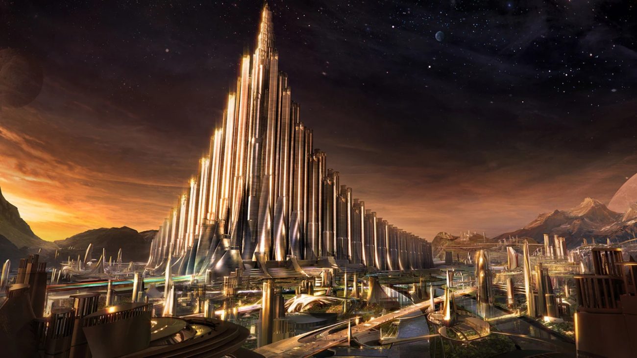 Cidade futurista de Asgard representando a conexão com o ancestral comum de toda a vida na Terra, símbolo de evolução e origem da existência.