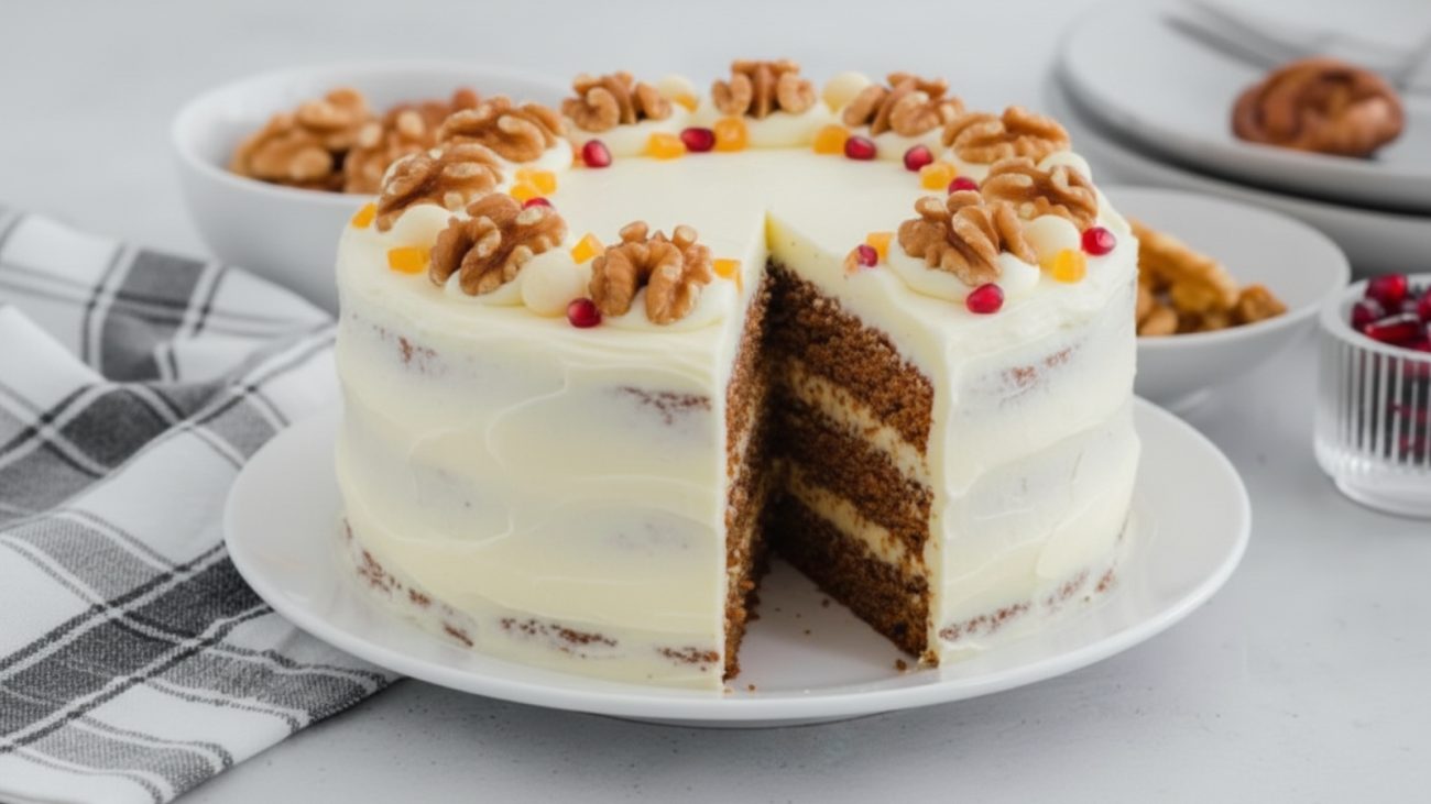 Bolo da rainha do gelo, com camadas de chocolate e cobertura de creme branco, decorado com nozes e confeitos coloridos, perfeito para festas especiais.