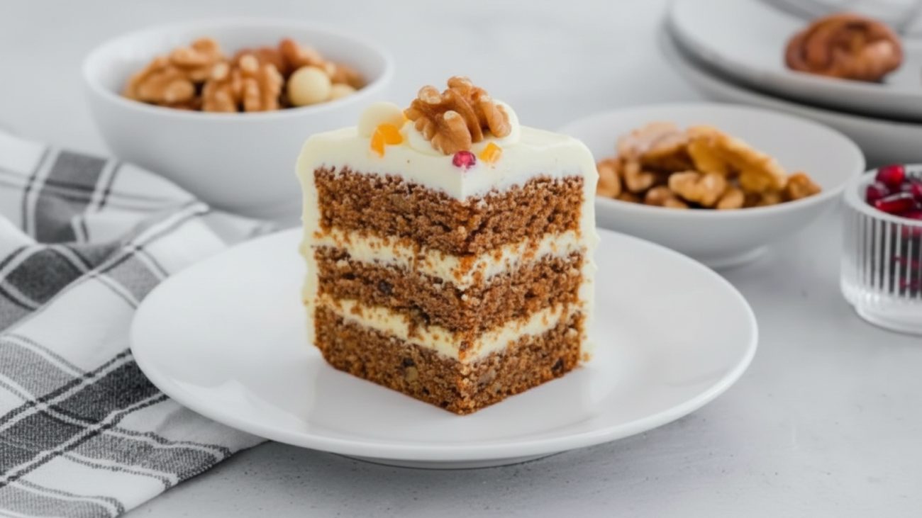 Fatia de bolo da rainha do gelo com camadas de bolo de chocolate e recheio de creme, decorado com nozes e frutas vermelhas ao redor.