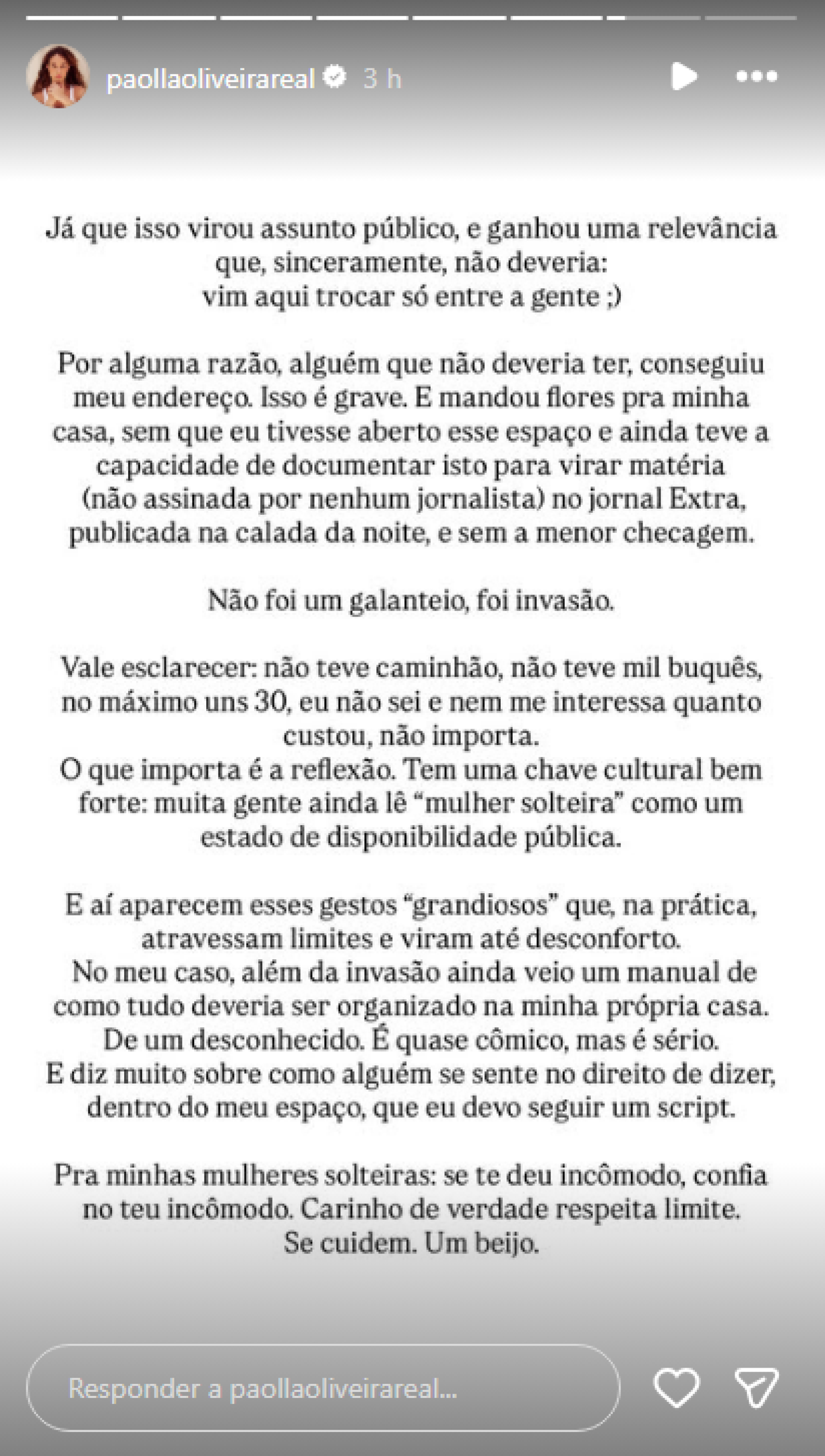 Paolla Oliveira esclarece episódio de presente surpresa: "invasão"